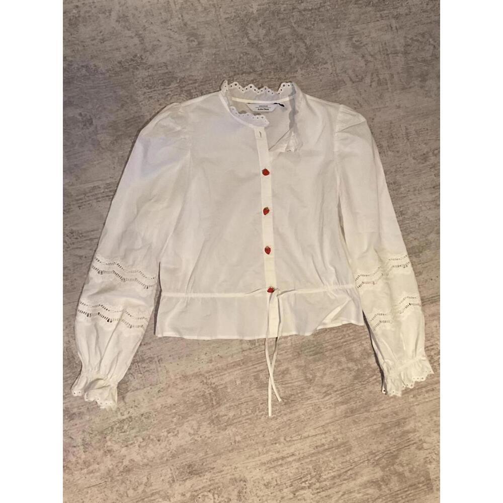 NWOT & Other Stories White Poplin button down strawberry buttons sz I - Picture 2 of 6